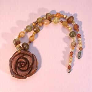 Hand Carved Stone Rose Necklace Artisan Gemstone Beads Statement 2000s ~ EUC!!!